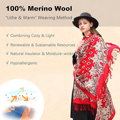 DANA XU 100% Merino Wool Extra Large Pashmina Blanket Travel Scarf Cashmere Wrap for Women Fall Winter Oversize Shawl Floral