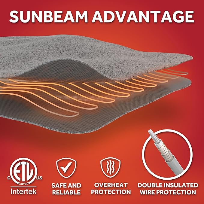 Sunbeam Royal Sherpa Foot Pocket Heated Throw Electric Blanket, 50" x 60", 4 Heat Settings, 4-Hour Auto Shut-Off, Warming Throw for Couch or Bed, Fast Heating, Machine Washable, Natural