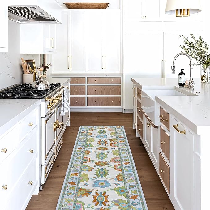 Fame Living Colorful Oushak Runner Rug, Modern Runners, Vintage, Turkish, Eclectic, Floral, Pastel, Washable, Runner for Hallway, Kitchen, Bedroom, Bathroom, 2'5"x9'8"