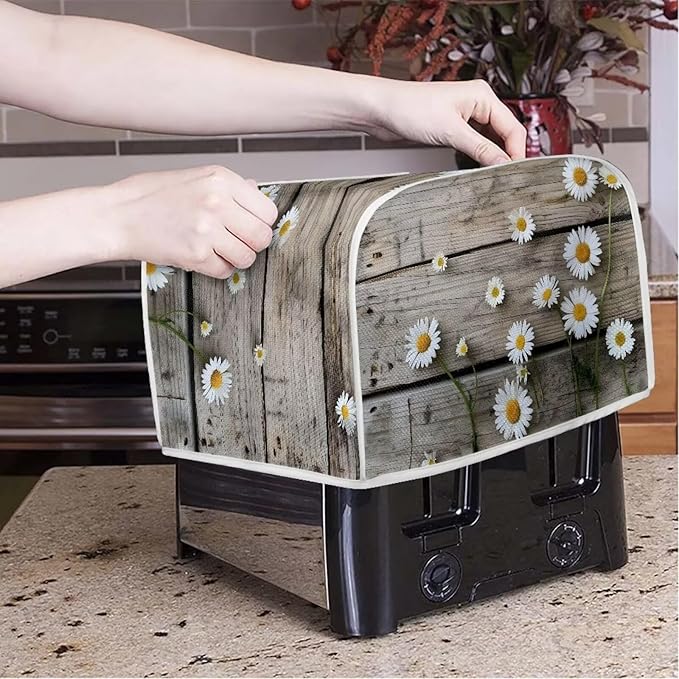 Old Wooden Daisy Printed Appliance Cover - Universal 4 Slice Bread Maker & Toaster Dustproof, Washable