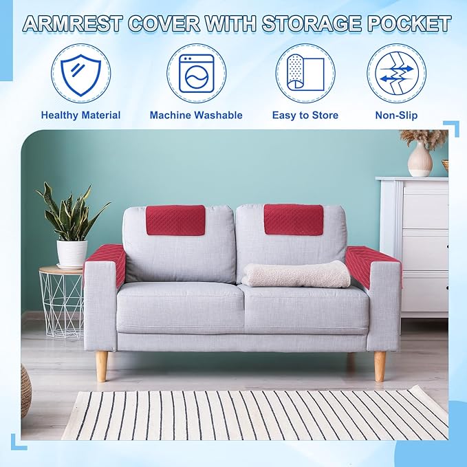 uxcell 3 PCS Armrest Covers, Couch Arm Cover Furniture Protect Slide Recliner Chair Armchair Covers with Side Storage Pocket for Sofa Recliner, Light Grey