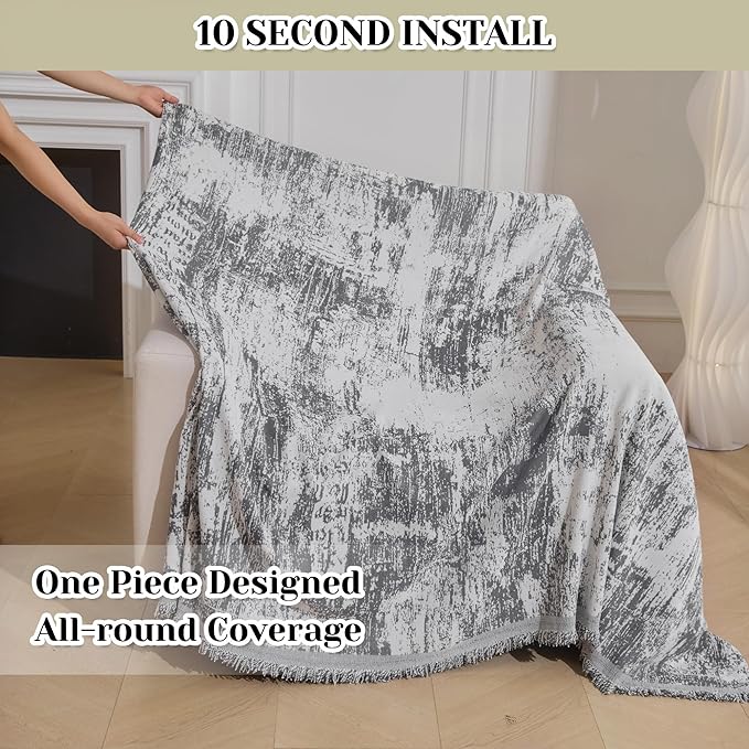 MEETSKY Small Couch Cover Oversized Chair Cover Washable, Chenille Soft Throw Cover for Single Sofa, Abstract Geometric Sofa Slipcover Multi-Use Furniture Protector for Pets, 71" x 91", Deep Grey