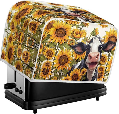 Sunflower Cow Printed Toaster Cover for 4 Slice Bread Maker, Anti Fingerprint Oven Dust Protector, Small Kitchen Appliance