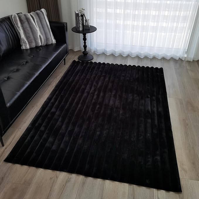 GLORY RUGS Area Rugs Striped Soft Faux Rabbit Fur Rug 5x7 Becky Black Plush Carpet Shag Cozy Fluffy Rug Non Slip Rugs, Machine Washable Shaggy Area Rug Bedroom Living Room and Dining Room.
