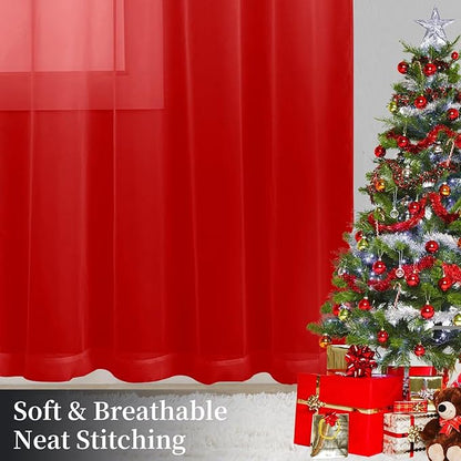 Sheer Curtains 45 Inches Long 2 Panels, Rod Pocket Short Curtain for Kitchen, Bedroom, Cafe Window(Red 38" W x 45" L)