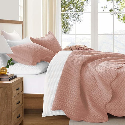 IR Imperial Rooms Twin Quilt Bedding Set Size (68” x 86”) + 1 Pillow Shams (20” x 26” + 2”) - 2 Pcs All Season Lightweight Reversible Microfiber Coverlet Embossed Quilt Bedspread (Peach/Baby Pink)