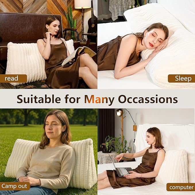 Faux Fur Headboard Pillow Queen Size, Triangular Wedge Backrest with Removable Head Roll & Side Pocket, 100% Linen Reading Pillow for Bed, Couch, Floor - Ergonomic Support for Neck, Back, Ivory