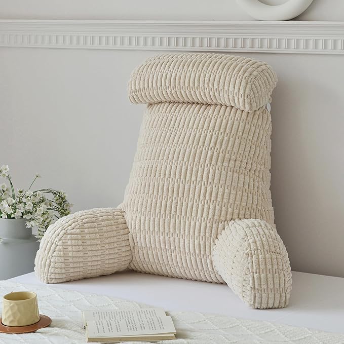 WERDIM Reading Pillow with Detachable Neck Roll, Large Back Pillow for Sitting Up in Bed Couch, Adult Bed Rest Pillow with Arms for Reading/Watching TV/Gaming, Beige