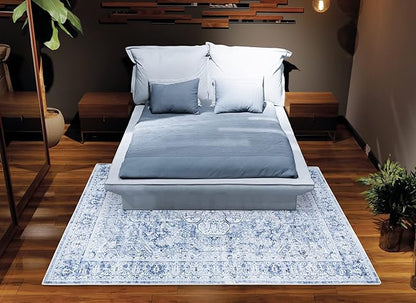 Bloom Rugs Washable Non-Slip 5' x 7' Rug - Ivory/Denim Blue Traditional Medallion Area Rug for Living Room, Bedroom, Dining Room, and Kitchen - Exact Size: 5' x 7'