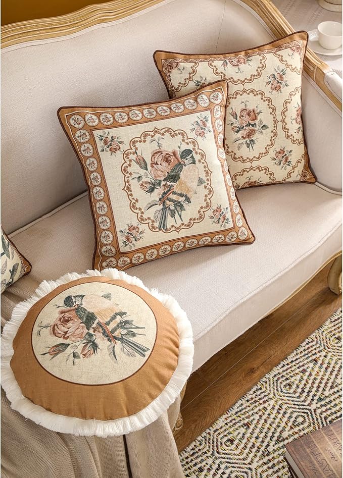 patdrea Designer Vintage Floral Throw Pillow Covers for Couch,Brown Yellow Linen Pillowcases with Bird and Rose Pattern, Decorative Square Cushion for Bed Living Room Outdoor Cafe Car,18"x18"