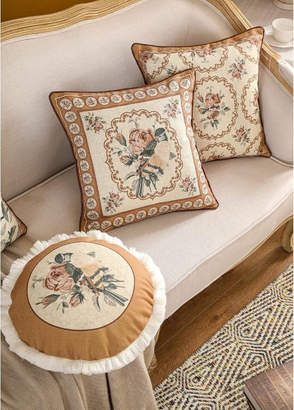 patdrea Designer Vintage Floral Throw Pillow Covers for Couch,Brown Yellow Linen Pillowcases with Bird and Rose Pattern, Decorative Square Cushion for Bed Living Room Outdoor Cafe Car,18"x18"