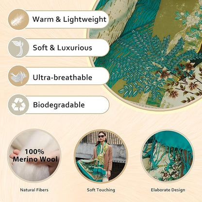 DANA XU 100% Merino Wool Extra Large Pashmina Blanket Travel Scarf Cashmere Wrap for Women Fall Winter Oversize Shawl Floral