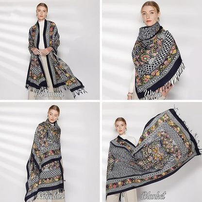 DANA XU 100% Merino Wool Pashmina Shawl for Women 96"x43", Oversized Cashmere Wrap with Tassels, Floral Travel Blanket Cape