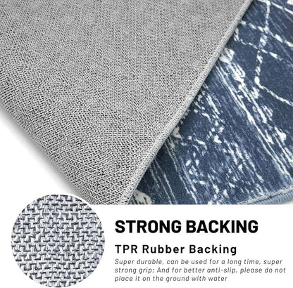 KUTA Boho Kitchen Rugs 2x5 ft Navy Blue Moroccan Washable Runner Rug Non-Slip Vintage Hallway Runners Ultra Soft Distressed Geometric Floor Carpet for Bedroom Laundry Living Room