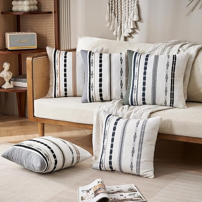 Chenille Boho Pillow Covers 18x18 Inch Decorative Throw Pillow Covers Striped Square Pillowcase Covers Modern Farmhouse Home Decor Pillow Protectors with Zipper Standard Size, Set of 2