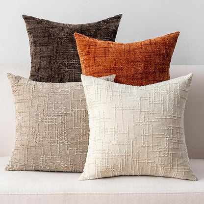 Decorative Throw Pillow Covers 20x20 Inch Set of 4, Soft Solid Farmhouse Chenille Couch Pillows, Spring Pillow Covers for Couch Sofa Bed Living Room Home Decor Pillowcase, Warm Colors