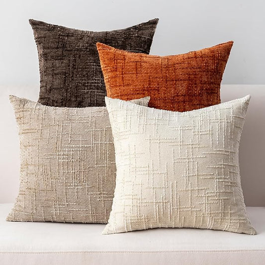 Decorative Throw Pillow Covers 18x18 Inch Set of 4, Soft Solid Farmhouse Chenille Couch Pillows, Spring Pillow Covers for Couch Sofa Bed Living Room Home Decor Pillowcase, Warm Colors