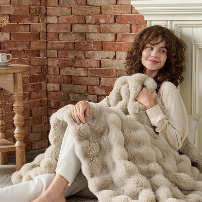 Lotus Karen Faux Fur Throw Blanket Linen - 800 GSM Bubble Rabbit Fluff Blanket for Couch Bed Sofa,Softest Fluffy Fuzzy Cozy Blanket,Thick Furry Plush Shaggy Warm Blankets for Women,108x90 Inches