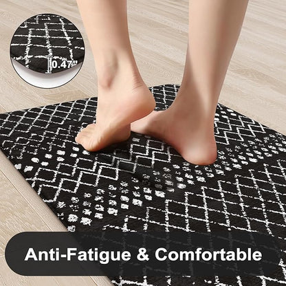 KIMODE Anti Fatigue Kitchen Mats for Floor 2 Piece, Cushioned Farmhouse Kitchen Rugs, Memory Foam Kitchen Floor Mats, Standing Desk Mats for Laundry Office Sink Black 20"x47"+20"x32"