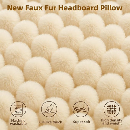 Faux Fur Headboard Pillow Queen Size, Triangular Wedge Backrest with Removable Head Roll & Side Pocket, 100% Linen Reading Pillow for Bed, Couch, Floor - Ergonomic Support for Neck, Back, Ivory