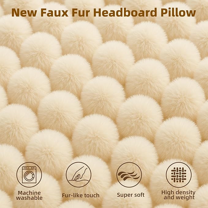 Faux Fur Headboard Pillow Twin Size, Triangular Wedge Backrest with Removable Head Roll & Side Pocket, 100% Linen Reading Pillow for Bed, Couch, Floor - Ergonomic Support for Neck, Back, Ivory