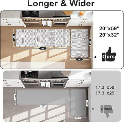 KIMODE Anti Fatigue Kitchen Mat for Floor, 20"x59"+20"x32" Kitchen Rugs Set of 2, Non Slip Kitchen Floor Mats Cushioned, Comfort Mats for Kitchen Floor Sink Laundry Office Desk Black and White