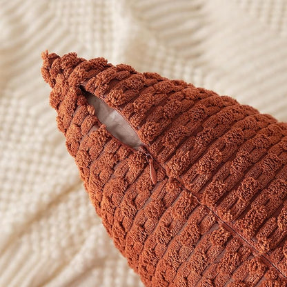Kevin Textile Fall 14x24 Inch Pillow Cover 1 Pack Boho Decorative Soft Striped Corduroy Lumbar Farmhouse Solid Color Accent Rectangle Cushion Case for Living Room Couch Sofa Bed, Rust