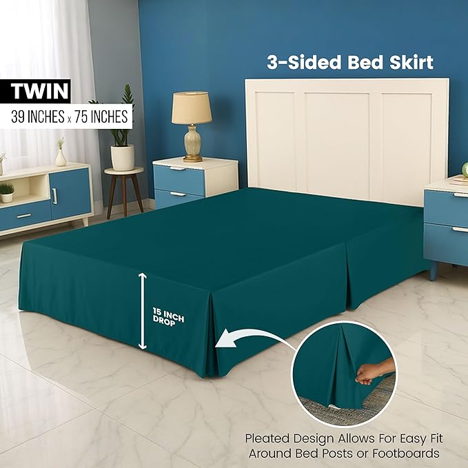 Utopia Bedding Twin Bed Skirt - Soft Quadruple Pleated Ruffle - Easy Fit with 15 Inch Tailored Drop - Hotel Quality, Shrinkage and Fade Resistant (Twin, Teal)