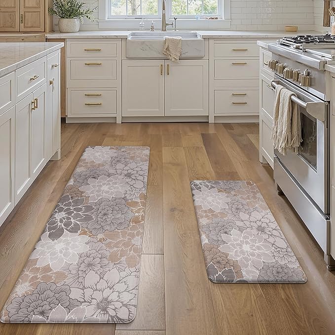 GENIMO Kitchen Mats for Floor, Kitchen Rugs Non Slip Washable Sets of 2, Waterproof Cushioned Anti Fatigue Mat, Floral Runner Rug for Laundry, Sink, Office, Home, 17.3"x59"+17.3"x30", Taupe Grey