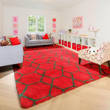 ONASAR Area Rugs for Living Room Bedroom, 5x8 Washable Fluffy Red and Dark Green Rug, Geometric Boho Soft Plush Shaggy Fuzzy Floor Carpet for Nursery Kids Girls Boys Teen Dorm Home Decor Aesthetic