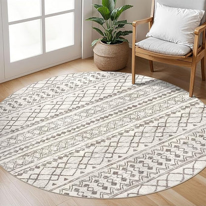 KUTA Round Washable Rug 5Ft Beige Boho Area Rugs for Living Room, Moroccan Foyer Throw Mat Non Slip, Soft Distressed Geometric Entry Circle Low-Pile Carpet for Bedroom Nursery Dorm Decor