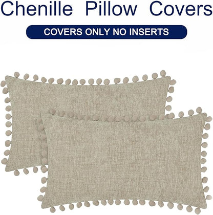 CaliTime Throw Pillow Covers Decorative 20 X 12 Inches Pack of 2 Cozy Solid Dyed Soft Chenille Cushion Cases with Pom Poms for Couch Sofa Bed Living Room Home Taupe