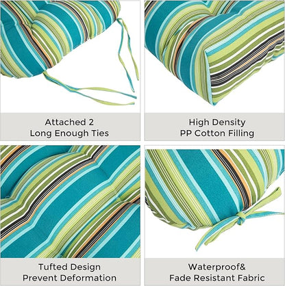 FUNHOME Outdoor Chair Cushions 19 x19 Inch,Water Resistant Tufted Seat Cushions 19",Reversible,Weather Resistant,Rounded Back Wicker Chair Cushion for Patio Garden Furniture(Green Stripe)