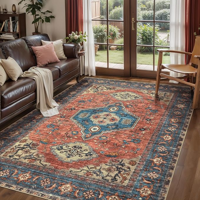 Tangsoo 3x5 Washable Rugs Oriental Area Rug, Vintage Non Slip Indoor Accent Rug, Print Distressed Terracotta Carpet, Soft Low Pile Rug for Living Room Dining Bedroom Bedside Entryway