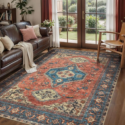 Tangsoo 3x5 Washable Rugs Oriental Area Rug, Vintage Non Slip Indoor Accent Rug, Print Distressed Terracotta Carpet, Soft Low Pile Rug for Living Room Dining Bedroom Bedside Entryway