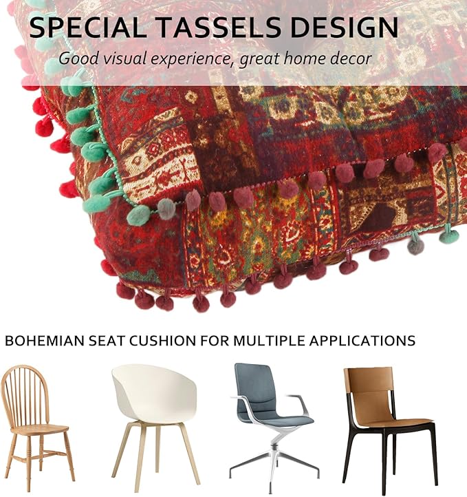 Bohemian Seat Cushion，Indoor & Outdoor 16.5" x 16.5" Seating Cushion for Dinning Chairs, Decorative with Tassels(2Pcs, Red)