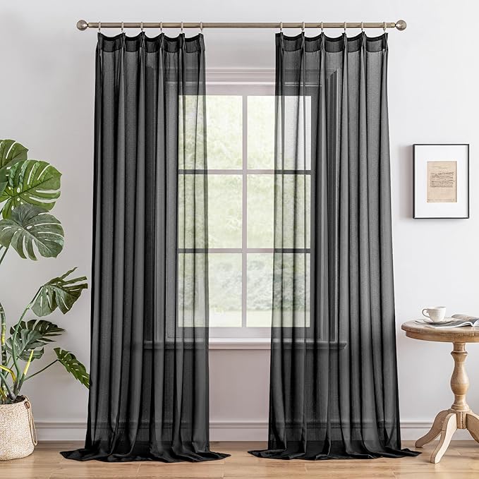 MAIHER Black Pleated Sheer Curtains 144 Inch Length 12ft Extra Long Tall Curtains for 2 Story Living Room Soft Touch Light Filtering Pinch Pleat Drapes with Hooks, Black, 42" W x 144" L, 2 Panels