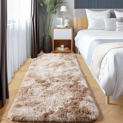 ONASAR Runner Rugs for Bedroom Living Room, Tie-Dyed Beige 2x6 Washable Bedside Hallway Fluffy Area Rug, Ultra Soft Plush Furry Faux Fur Non Slip Floor Carpet for Nursery Kids Dorm Closet Home Decor