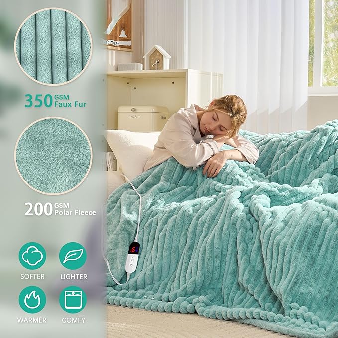 Heated Blanket 90"X100",Fast Heating Blanket with 6 Heat Levels 10 Hours Auto-Off Overheat Protection,Stripe Faux Rabbit Fur Soft Warm, ETL Certified (Green, 90"X100")
