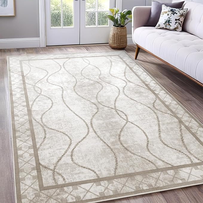 5x7 Area Rugs for Living Room, Machine Washable Rugs, Non-Slip Backing Low Pile Indoor Floor Rugs, Large Modern Carpet for Bedroom Entryway Classroom Playroom Dining Room Home Decor, Beige