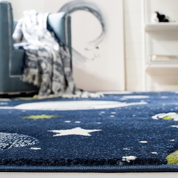 SAFAVIEH Carousel Kids Collection 6'7" Round Navy/Ivory CRK103N Outer Space Non-Shedding Playroom Nursery Bedroom Area Rug
