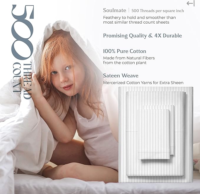 Mayfair Linen 100% Cotton Striped Sheets Full Size Bed Set - 500 Thread Count Damask Sheets Full Size 4 PC Set (White Stripe), Soft, Cooling, Sateen Weave Hotel-Quality 16" Deep Pocket Bedsheet