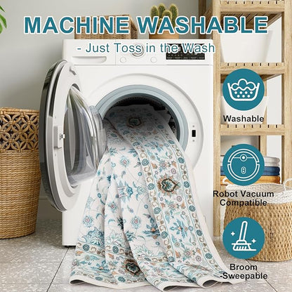 WILLSUN Washable Area Rugs, 8x10 Non-Slip Boho Large Area Rugs for Living Room, Bedroom, Machine Washable Vintage Rug, Indoor Floral Print Carpet for Home Decor, Kid & Pet Friendly Mat