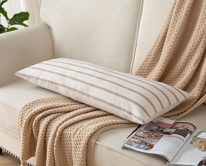 Caflife Boho Lumbar Throw Pillow Cover 14X36 Long Soft Farmhouse Decorative Couch Pillow Cases Beige Striped Body Pillow Covers Neutral Cushion Covers for Sofa Bed Living Room Home Decor Pack of 1