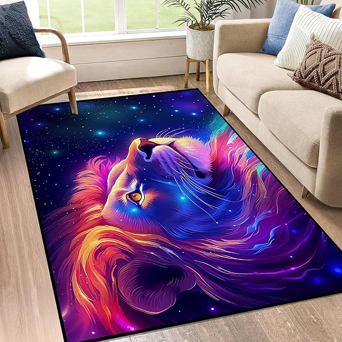 Galaxy Lion Rug 3D Fierce Lions Area Rugs for Kids Bedroom Living Room Playroom Gameroom Boys Glitter Carpet Throw Rugs Floor Mat 63 in x 31 in