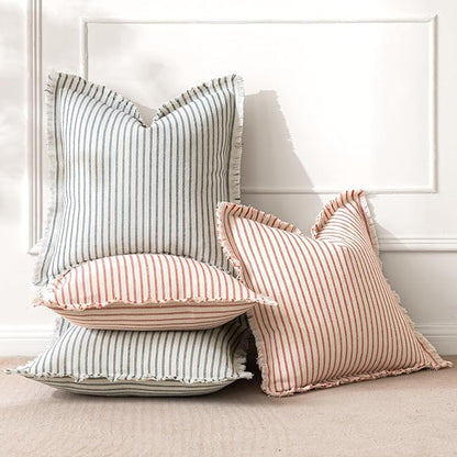 MIULEE Pack of 2 Christmas Red Pillow Covers 26x26 Inch Striped Farmhouse Couch Throw Pillow Covers with Fringe Chic Linen Decorative Cushion Eruo Sham for Sofa Living Room Bed Outdoor Home Decor
