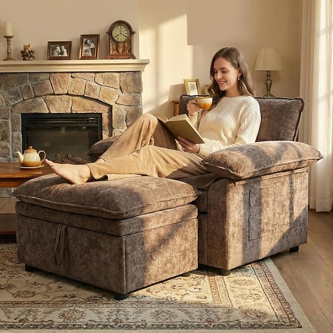 Furnimart Super Plush Cloud Chair with Storage Ottoman, Oversized Chaise Lounge Chair, Thick Chenille Cushions, Pillow Armrest & Storage, for Living Room, Bedroom, Modern Comfort(Brown)