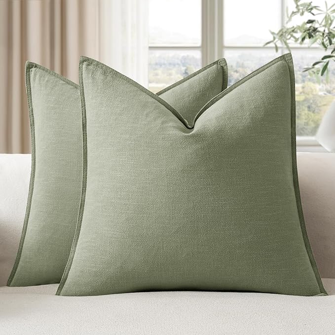 EMEMA Decorative Linen Throw Pillow Covers 22x22 Inch Grass Green Boho Farmhouse Neutral Couch Throw Pillows for Bed Pack of 2 Accent Pillowcase Modern Sofa Cushion Livingroom Home