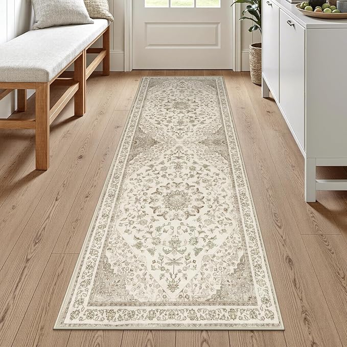 Moynesa 2x6 Beige Washable Runner Rug for Hallway, Boho Vintage Distressed Runner for Entryway Kitchen Bathroom Bedroom, Low Pile Soft Non-Slip Floor Mat for Laundry Nursery