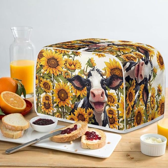 Sunflower Cow Printed Toaster Cover for 4 Slice Bread Maker, Anti Fingerprint Oven Dust Protector, Small Kitchen Appliance
